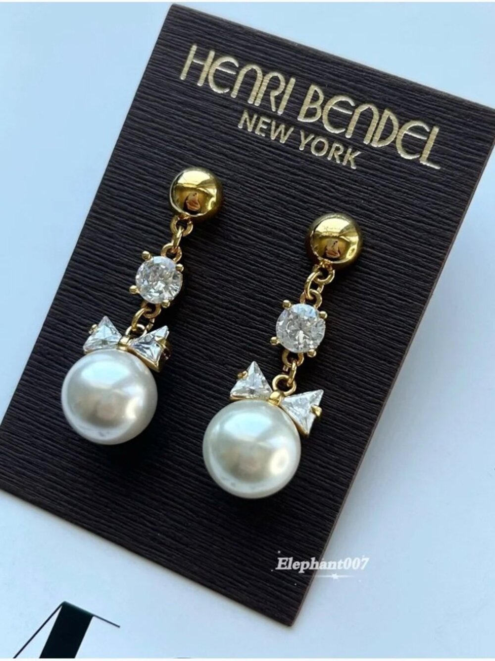 Henri Bendel Crystal & Faux Pearl Drop Earrings Gold Tone Bow Accent Earrings